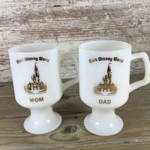 2 Vintage Walt Disney World Milk Glass Footed Pedestal Coffee Mugs Mom Dad